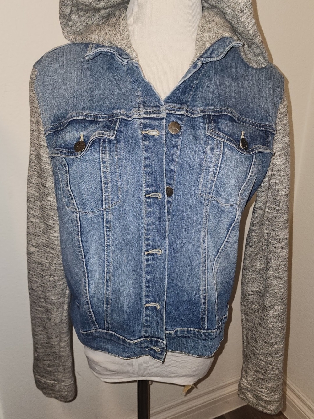 Jessica Simpson Blue Denim Jacket with Gray Knit Hood & Sleeves